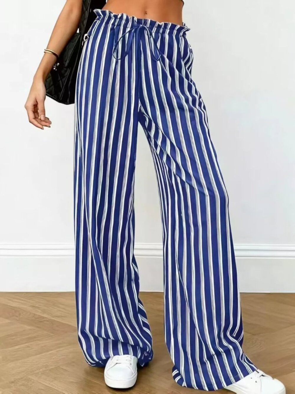 Striped Wide-Leg Drawstring Pants - Picture 2 of 9